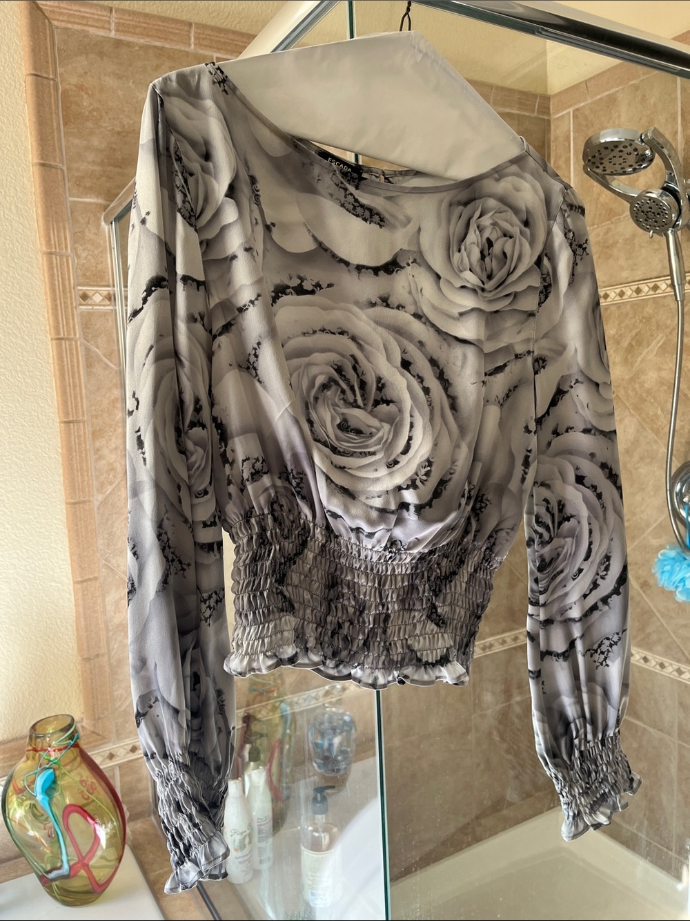 Escada Gray Rose-Print Smocked Waist Blouse